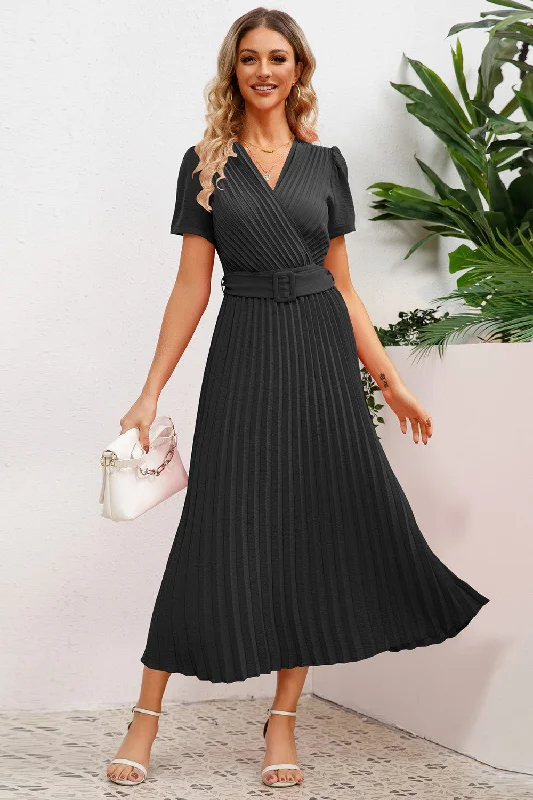 Bold and sophisticated looks for every woman   Pleated Surplice Short Sleeve Midi Dress
