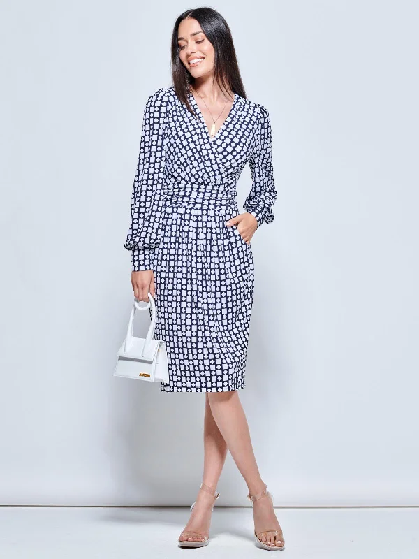 Sleek and sophisticated fashion for modern women Print Long Sleeve Pegged Dress, Navy Geo Sleek and sophisticated fashion for modern women Print Long Sleeve Pegged Dress, Navy Geo