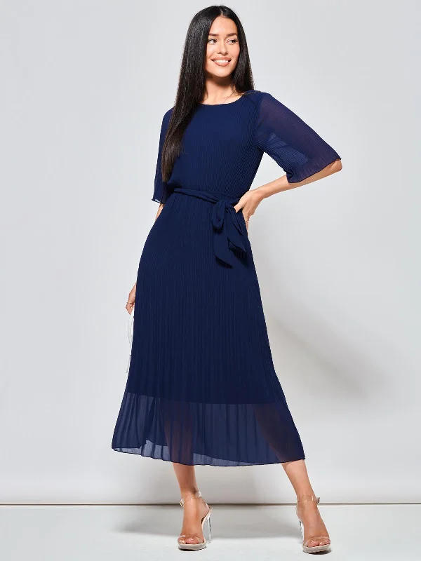 High-fashion styles at affordable prices   Qynn Chiffon Pleated Maxi Dress, Navy