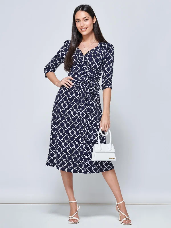 Stylish plus-size clothing for women   Raegan Wrap Tie Side Jersey Dress, Navy Geo