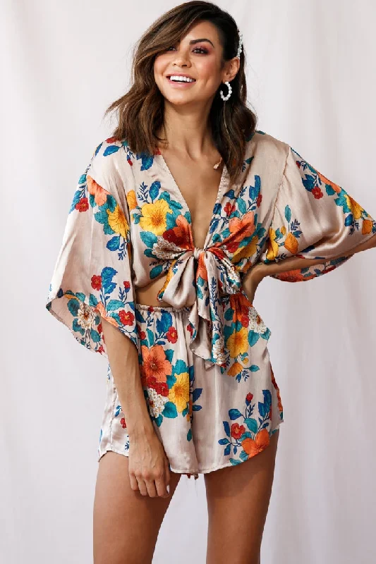 Casual outfits that elevate your style   Rivera Tie-Knot Bell Sleeve Romper Mocha