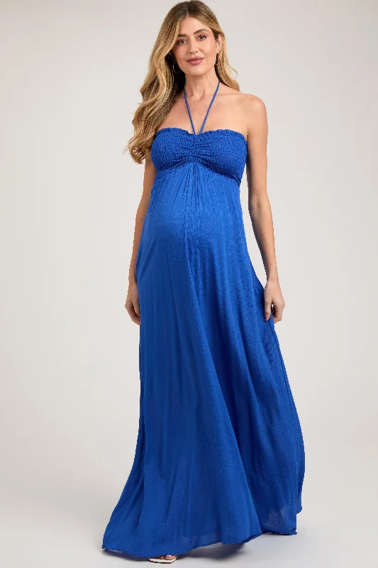 Bold and beautiful clothing for every woman   Royal Blue Smocked Halter Maternity Maxi Dress