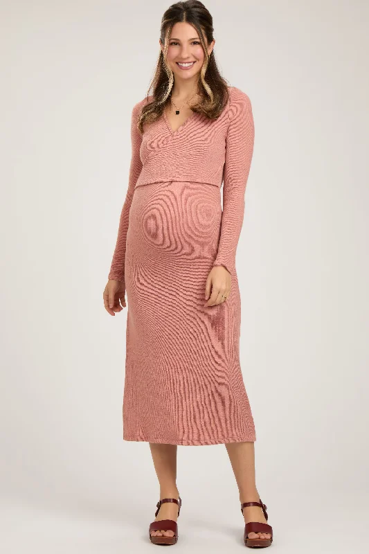 Stylish and comfortable outfits for women   Rust Ribbed Long Sleeve Maternity Wrap Nursing Dress