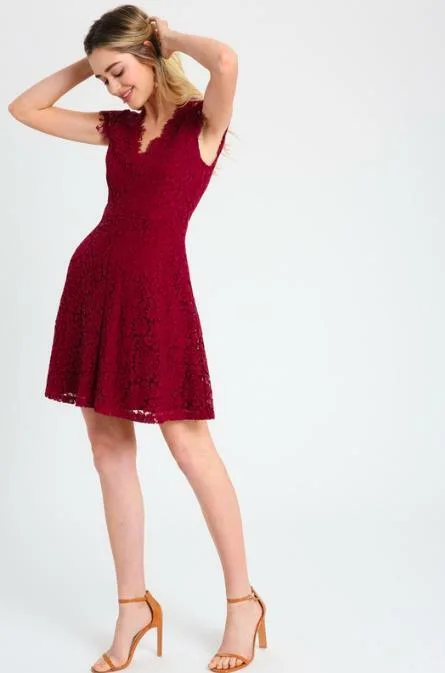 Sleek and sophisticated fashion for modern women   Selma Burgundy Lace Skater Dress