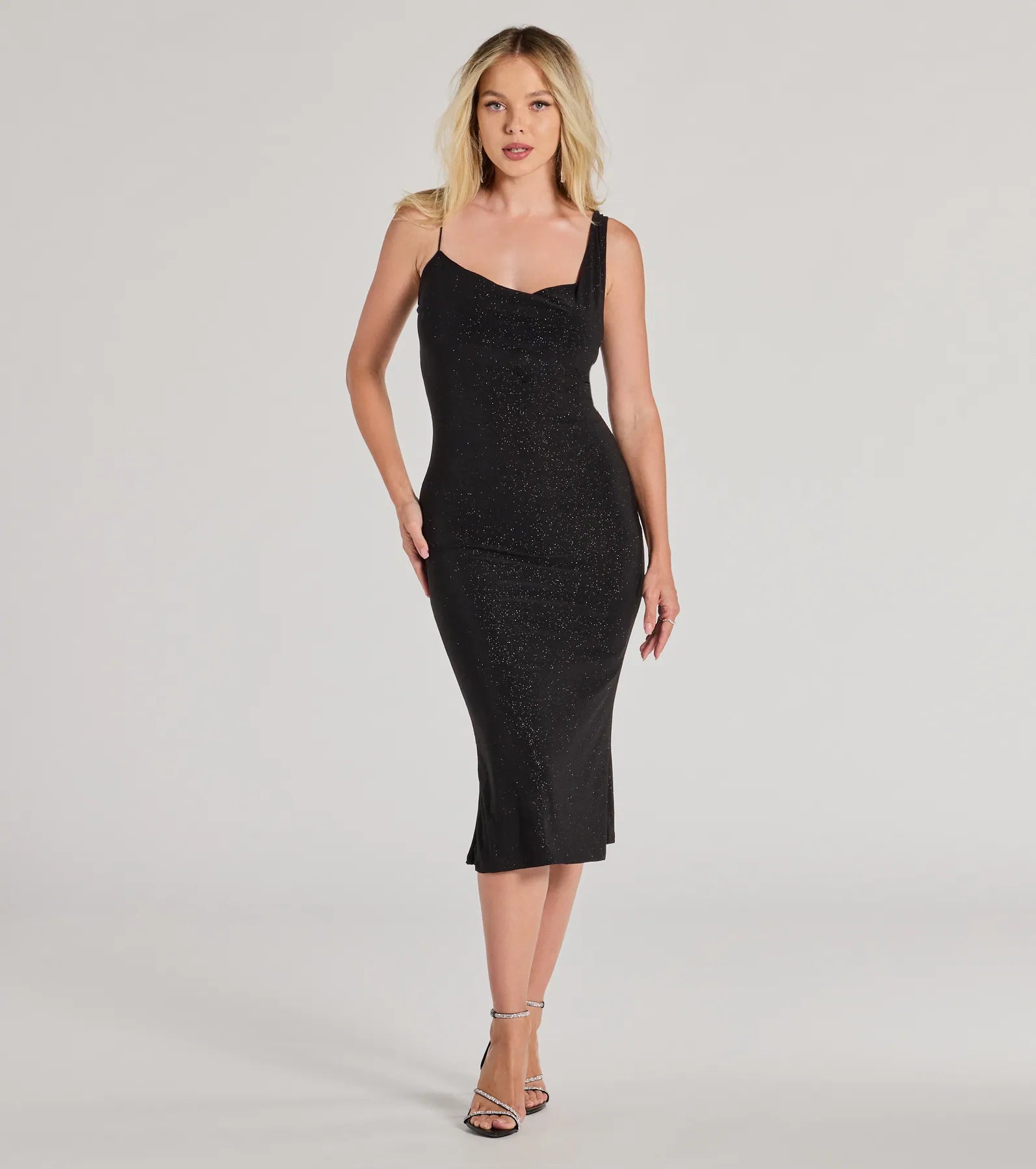 Stylish and comfortable outfits for women   Shimmering Nights Cowl Neck Glitter Midi Dress