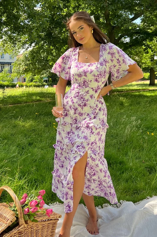 Modern fashion pieces designed for all women   Sicily Purple Floral Frill Maxi Dress