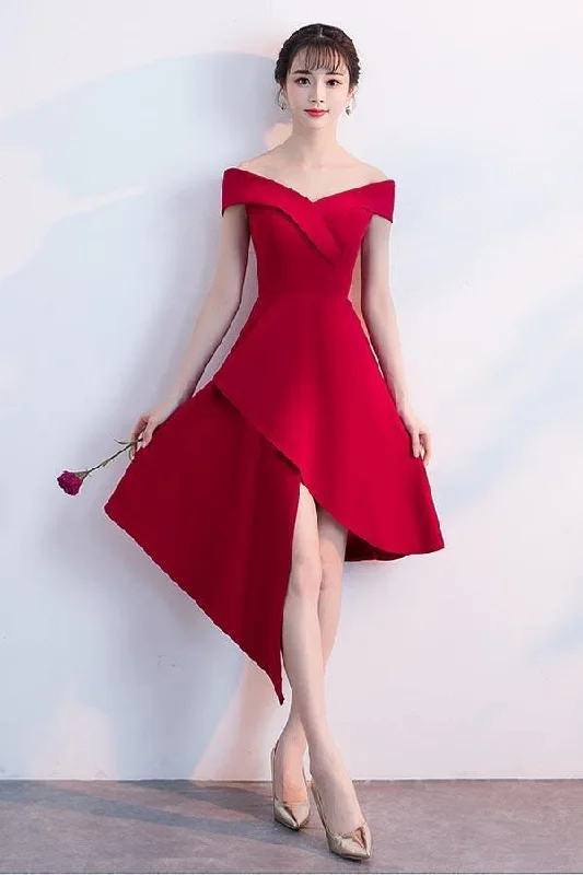 Fashionable women’s clothing that makes you shine   Simple Red Satin Off The Shoulder Homecoming Dresses Party Dresses PD090