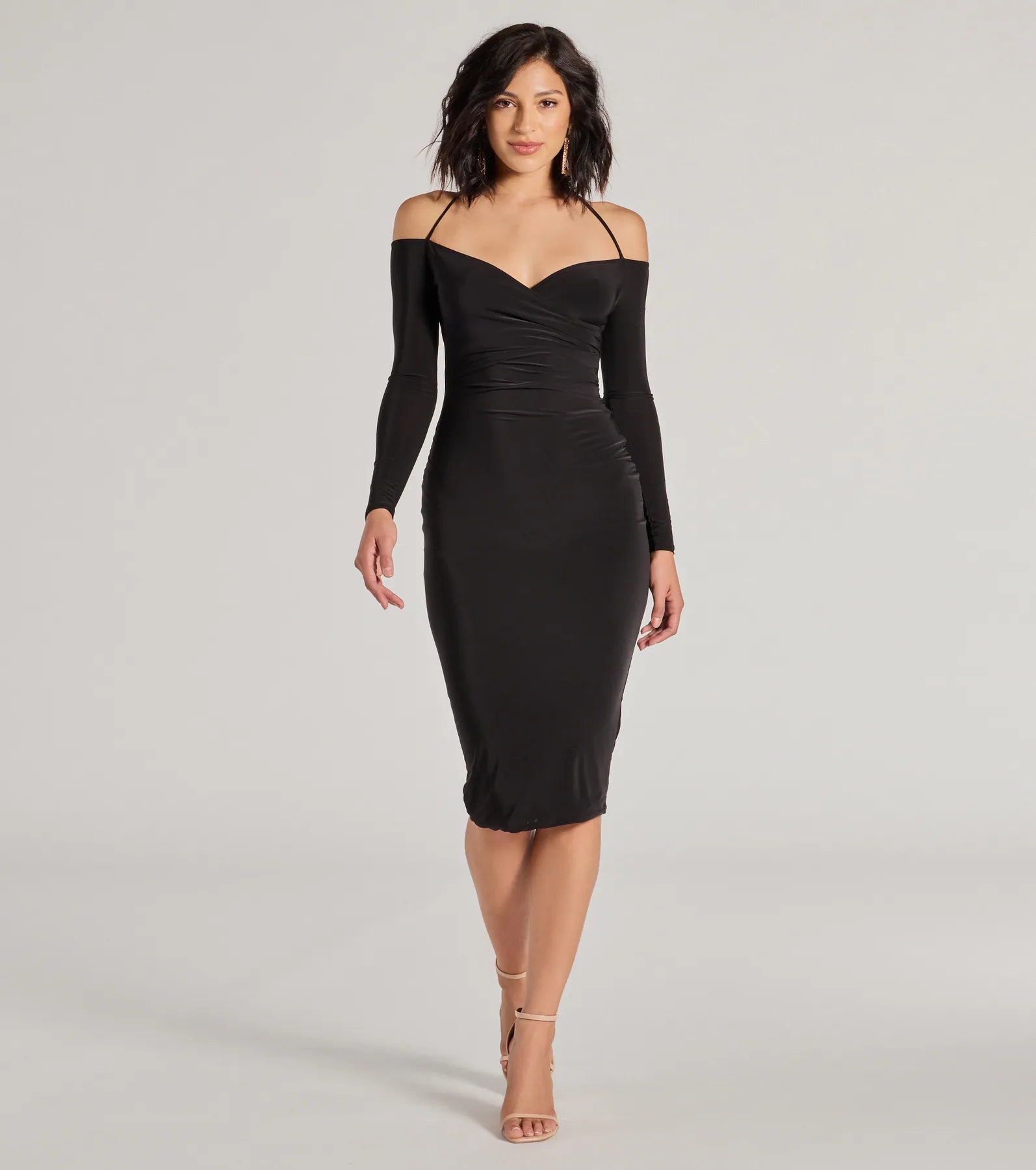 Stylish and comfortable outfits for women   Strike A Pose Long Sleeve Halter Midi Dress