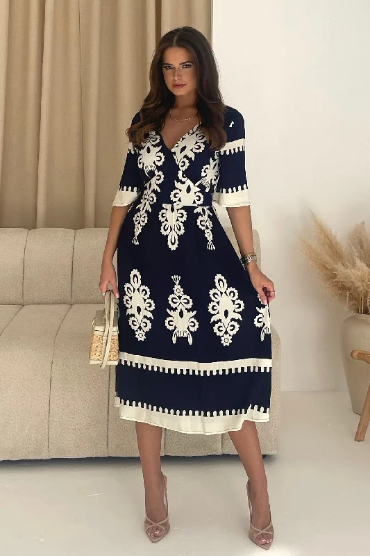 Fashion-forward women’s clothing on a budget   Suzanne Blue Boarder Midi Dress