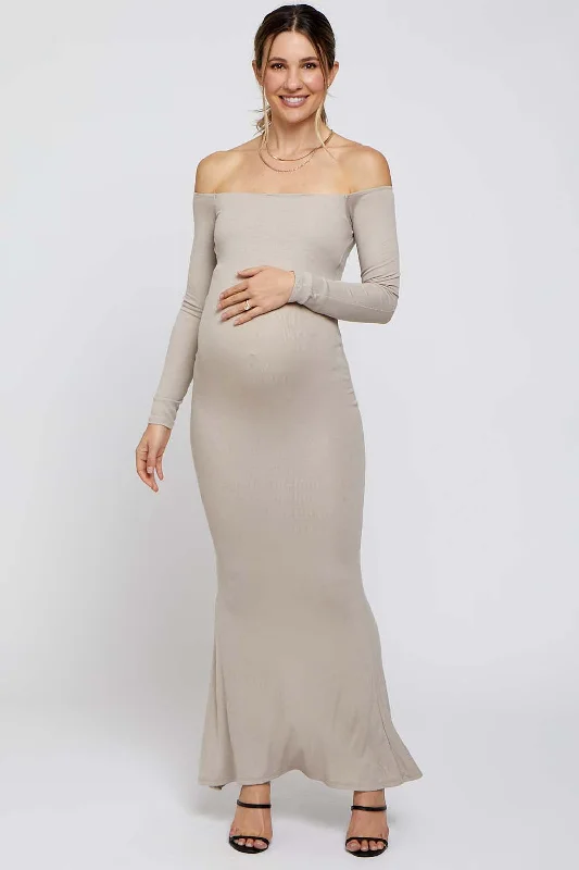 Confidence-boosting clothing for women   Taupe Ribbed Off Shoulder Long Sleeve Maternity Maxi Dress