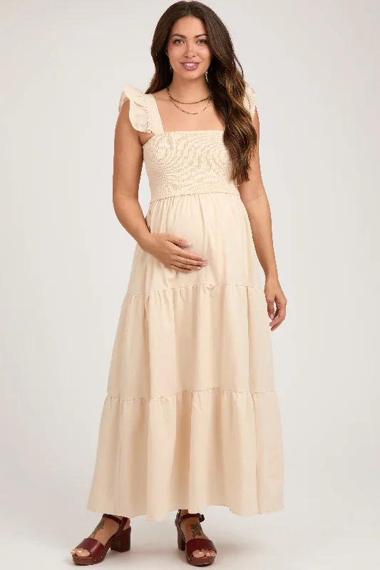 Casual outfits that elevate your style   Taupe Sleeveless Smocked Tiered Maternity Maxi Dress