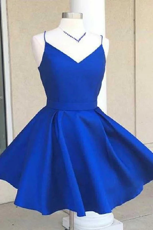 Effortlessly chic fashion for today’s woman   V-Neck Open Back Royal Blue Satin Homecoming Dress with Bowknot PD088