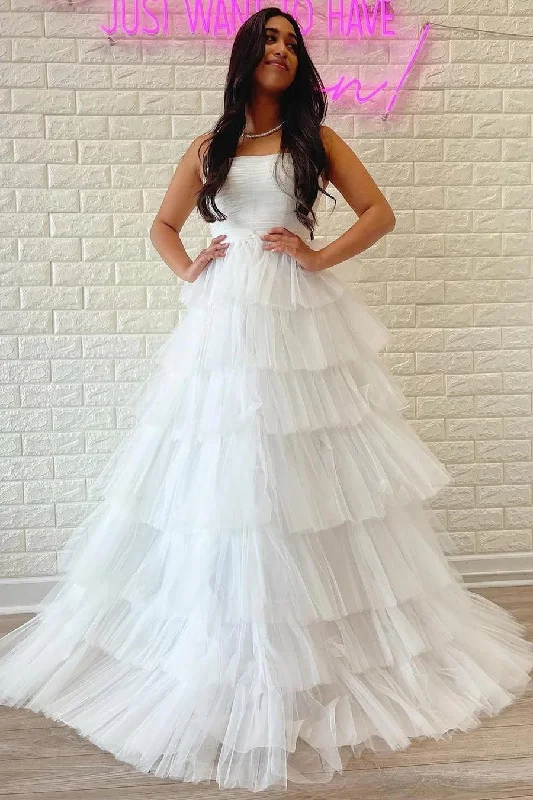 Stylish clothing designed to flatter every woman   White Strapless Tiered A-Line Long Prom Dress with Ruffles  PSK410