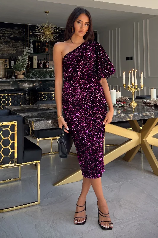 Refresh your wardrobe with trendy women’s apparel   Willow Purple Velvet Sequin One Shoulder Midi Dress
