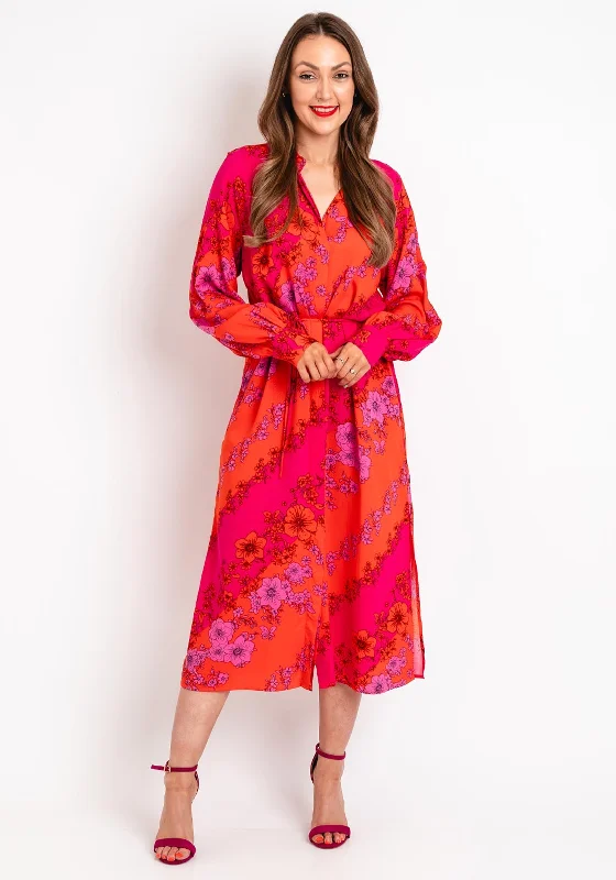 Refresh your wardrobe with trendy women’s apparel   Y.A.S Scarlet Floral Print Shirt Midi Dress, Orange & Pink