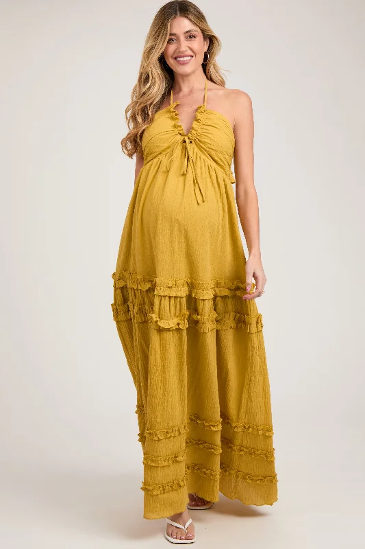 Sporty-chic women’s apparel for active lifestyles   Yellow Ruffle Ruched Deep V-Neck Maternity Maxi Dress