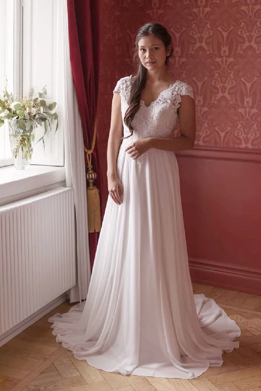 Stylish plus-size clothing for women A-line Cap Sleeves White Chiffon Wedding Dress with Lace Stylish plus-size clothing for women A-line Cap Sleeves White Chiffon Wedding Dress with Lace