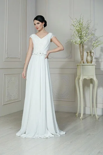 High-fashion styles at affordable prices A-Line Floor-Length V-Neck Short-Sleeve Low-V-Back Chiffon Dress With Ruching And Beading High-fashion styles at affordable prices A-Line Floor-Length V-Neck Short-Sleeve Low-V-Back Chiffon Dress With Ruching And Beading
