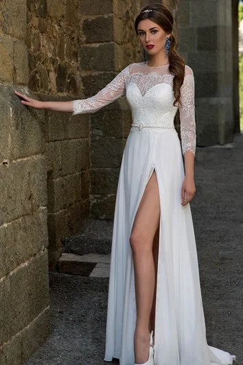 Step up your style with trendy women’s clothing A-Line Long Jewel-Neck Illusion-Sleeve Zipper Chiffon Dress With Split Front And Beading Step up your style with trendy women’s clothing A-Line Long Jewel-Neck Illusion-Sleeve Zipper Chiffon Dress With Split Front And Beading