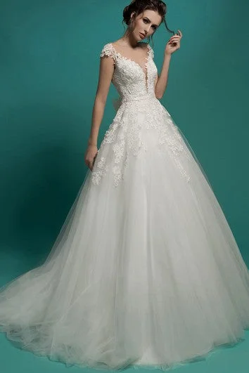 Dress up or down with these versatile pieces A-Line Long V-Neck Short-Sleeve Illusion Tulle Dress With Appliques And Bow Dress up or down with these versatile pieces A-Line Long V-Neck Short-Sleeve Illusion Tulle Dress With Appliques And Bow