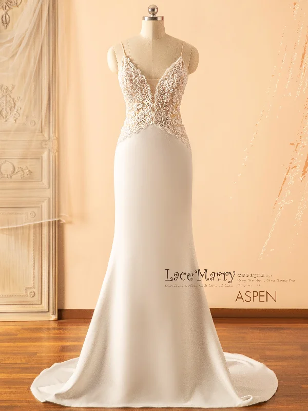 Luxurious fabrics and modern designs for women   ASPEN / Deep Plunge Beaded Wedding Dress with Plain Fitted Skirt