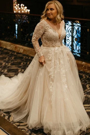 Classic pieces for a timeless wardrobe Elegant A Line Lace Brush Train Long Sleeve Backless Wedding Dress with Appliques Classic pieces for a timeless wardrobe Elegant A Line Lace Brush Train Long Sleeve Backless Wedding Dress with Appliques