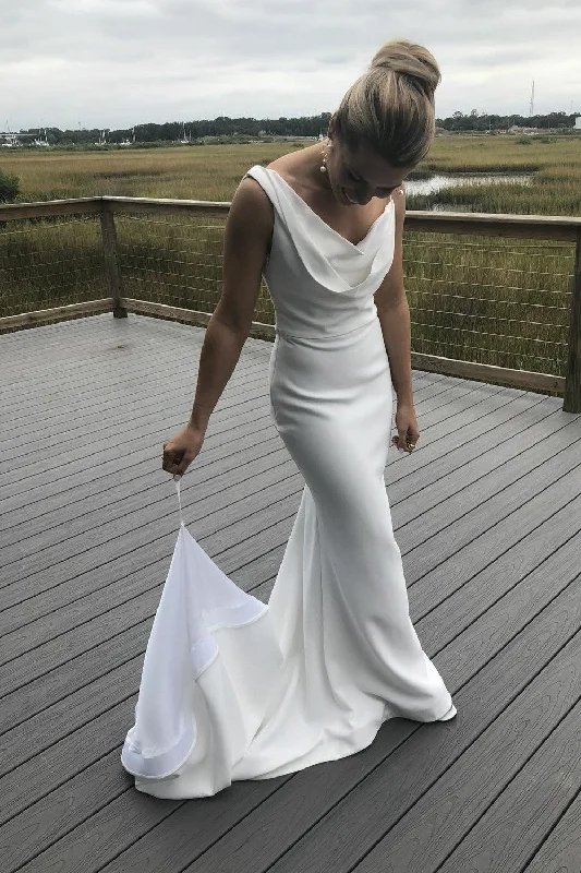 Chic, modern looks for the stylish woman Elegant Satin White Wedding Gown with Cowl Neckline Chic, modern looks for the stylish woman Elegant Satin White Wedding Gown with Cowl Neckline