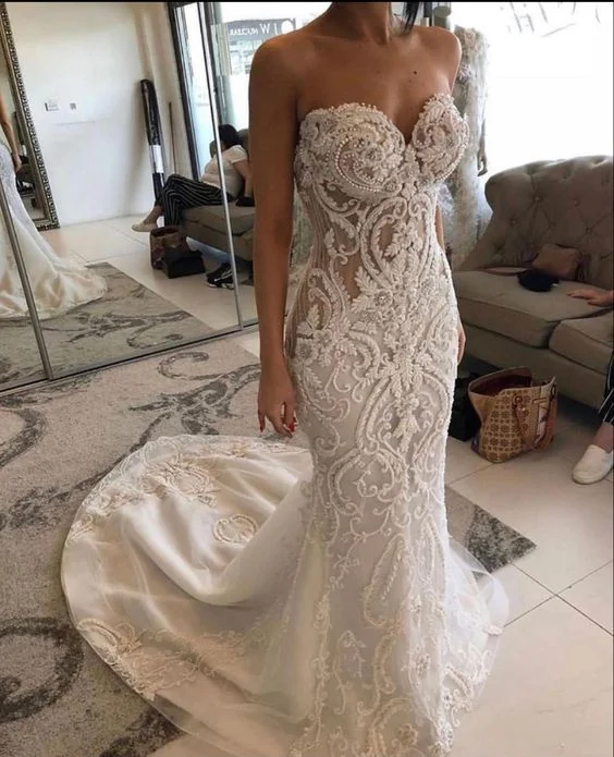 Fashion-forward women’s clothing on a budget   Elegant Sweetheart Tulle Lace Mermaid Wedding Dress Trailing prom dress       cg23538