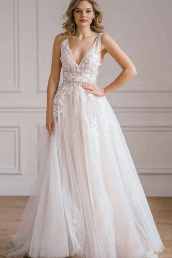 Chic, modern fashion for empowered women Ethereal A Line Lace Floor-length Sleeveless Open Back Wedding Dress with Appliques Chic, modern fashion for empowered women Ethereal A Line Lace Floor-length Sleeveless Open Back Wedding Dress with Appliques
