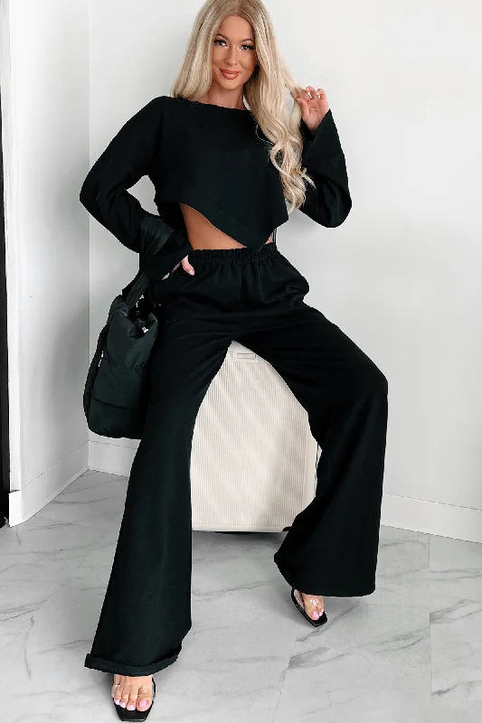 Uncover unique pieces for your perfect wardrobe Feeling At Home Crop Top & Pants Loungewear Set (Black) Uncover unique pieces for your perfect wardrobe Feeling At Home Crop Top & Pants Loungewear Set (Black)