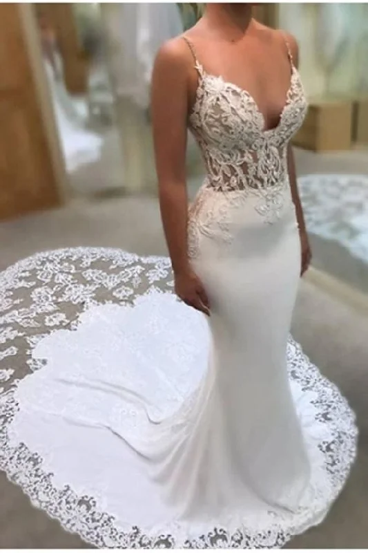 Step up your style with trendy women’s clothing   Glamorous Spaghetti-Straps Lace Wedding Dress Mermaid Bridal Gowns prom dress       cg23540