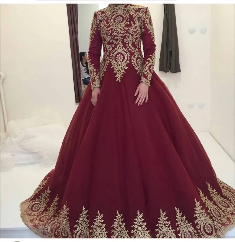 Casual outfits that elevate your style   Gold Lace Appliques Burgundy Wedding Ball Gowns Dresses For Arabic Women