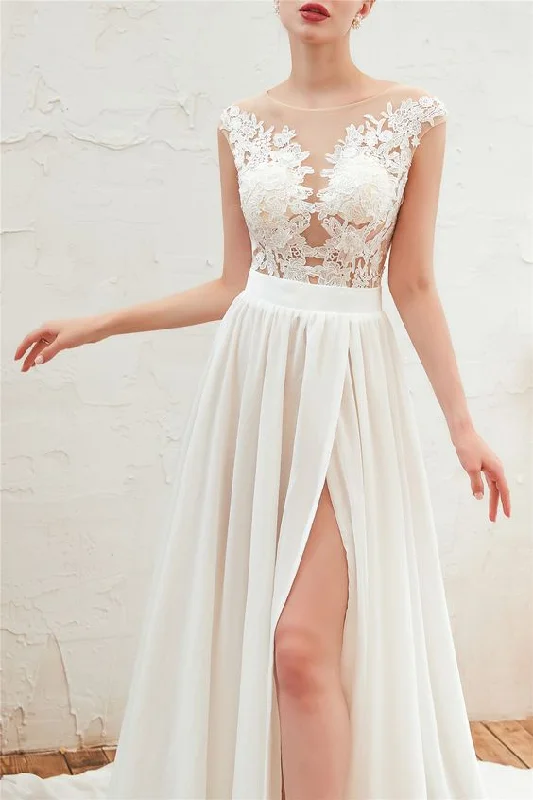 Step up your style with trendy women’s clothing Illusion Neck Lace Top White Wedding Dress with Slit Prom Dress cg23467 Step up your style with trendy women’s clothing Illusion Neck Lace Top White Wedding Dress with Slit Prom Dress cg23467
