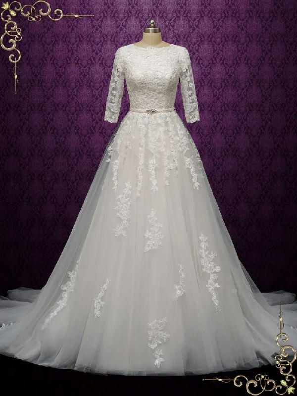 Elevate your look with premium women’s wear Modest Lace Wedding Dress with Half Sleeves AMABEL Elevate your look with premium women’s wear Modest Lace Wedding Dress with Half Sleeves AMABEL