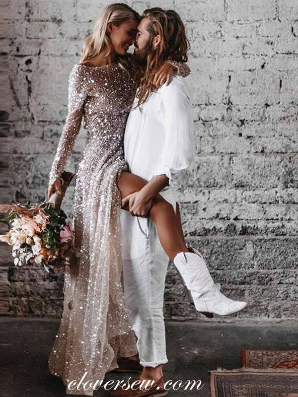 Fashion pieces that complement every woman’s style   Round Neck Long Sleeves Champagne Sequined Tulle Glitter Wedding Dresses, CW0303