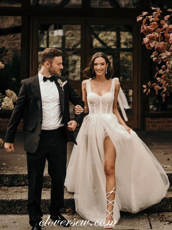Curated collections for modern, fashionable women Shiny Sequined Tulle Applique Sweetheart Slit Charming Wedding Dresses, CW0304 Curated collections for modern, fashionable women Shiny Sequined Tulle Applique Sweetheart Slit Charming Wedding Dresses, CW0304