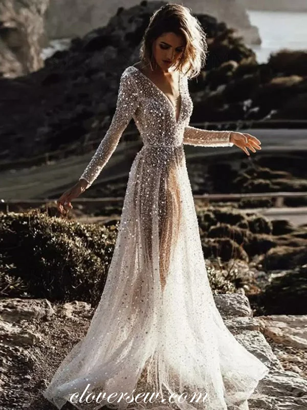 Casual outfits that elevate your style Shiny Sequined Tulle Long Sleeves See Through Beach Wedding Dresses, CW0302 Casual outfits that elevate your style Shiny Sequined Tulle Long Sleeves See Through Beach Wedding Dresses, CW0302