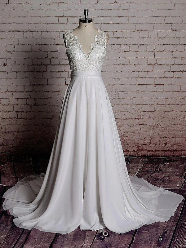 Chic for every occasion and style   Vintage Lace Chiffon Wedding Dress with Scalloped Lace V Neck | EE3009