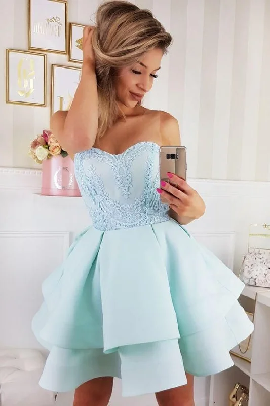 Elevate your style with fashionable women’s clothing   A-Line Sweetheart Short Tiered Satin Homecoming Dress with Appliques       cg24610