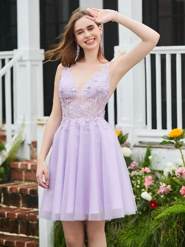 Elegant evening wear for special events   Appliqued Transparent Top Sleeveless Short Dress Lilac