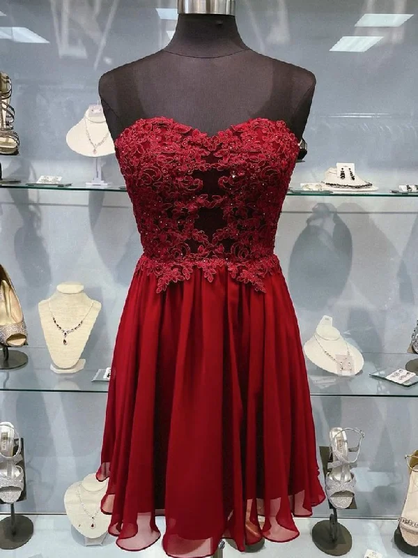 Step into style with our women’s clothing collection   BURGUNDY SWEETHEART NECK CHIFFON LACE SHORT HOMECOMING DRESS     nv13