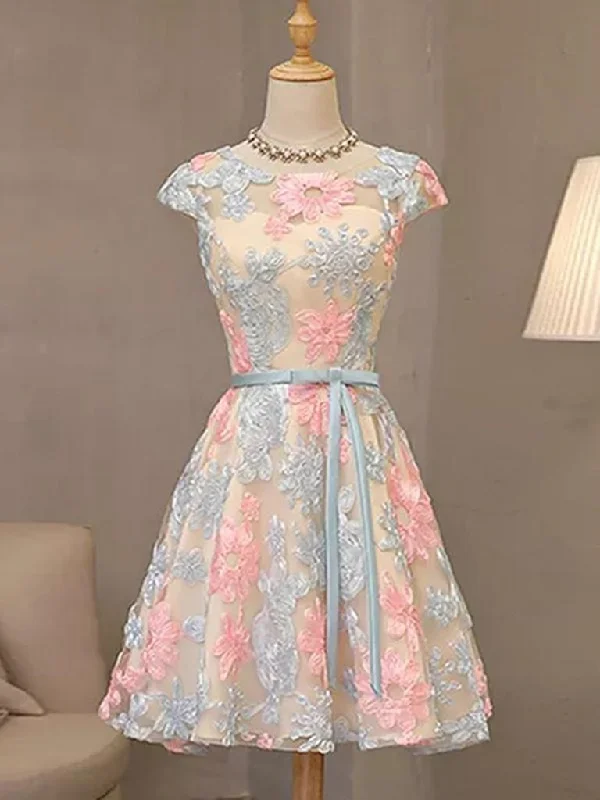 Sporty-chic women’s apparel for active lifestyles   Cap Sleeves Colorful Lace Homecoming Dresses, Short Colorful Lace Formal Evening Dresses       cg23715