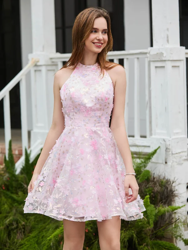 Sustainable fashion for stylish women   Halter Flowers Appliqued Short Dress with Beaded Blushing Pink