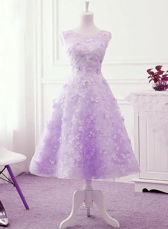 Affordable fashion that looks high-end   Lavender Lace Tea Length Wedding Party Dress, Vintage Style Homecoming Dress      cg23747