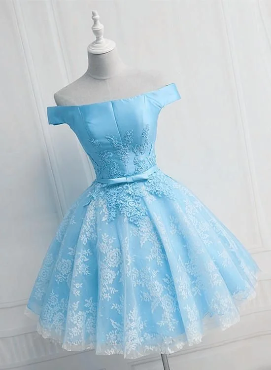 Refresh your closet with chic and comfy styles   Light Blue Lace and Satin Short Party Dress, Blue Homecoming Dress    cg24265
