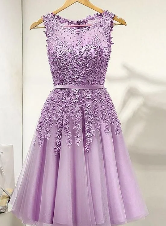 Classic pieces for a timeless wardrobe   Purple Round Neckline Tulle Short Beaded Lace Knee Length Homecoming Dress       cg23746