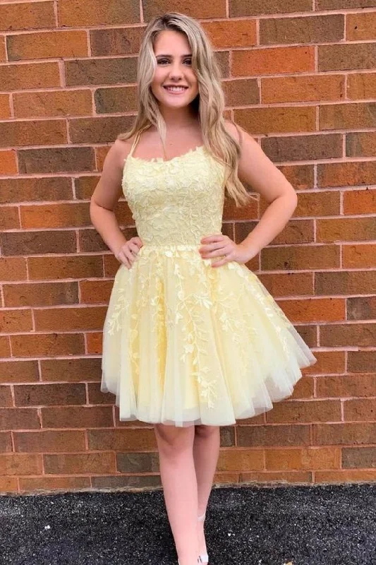 Effortlessly chic outfits for the modern woman   short yellow A-line lace appliqued homecoming dress birthday party dress with straps       cg23730