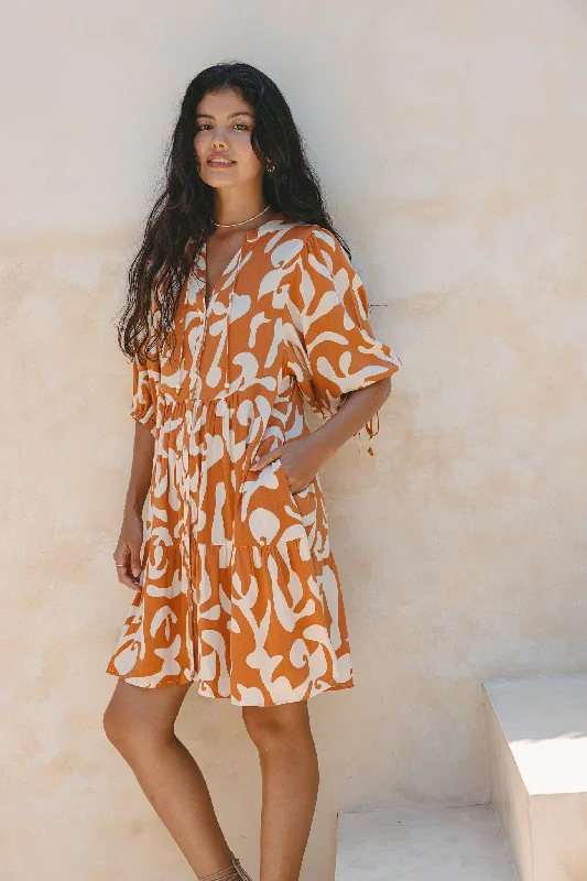 Elegant and comfortable women’s fashion wear   Solange Rust Orange Abstract Button Down Mini Dress