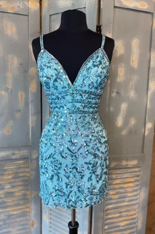 Affordable fashion that looks high-end   Tight Blue Sequins Short Homecoming Dress      cg24124