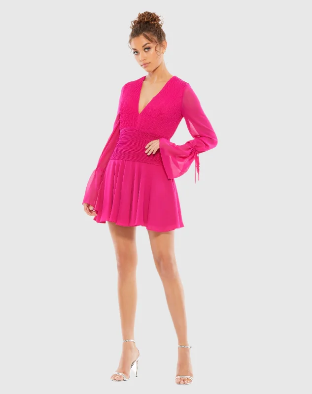 Summer-ready fashion for stylish women   Pleated Bell Sleeve Chiffon Mini Dress - FINAL SALE